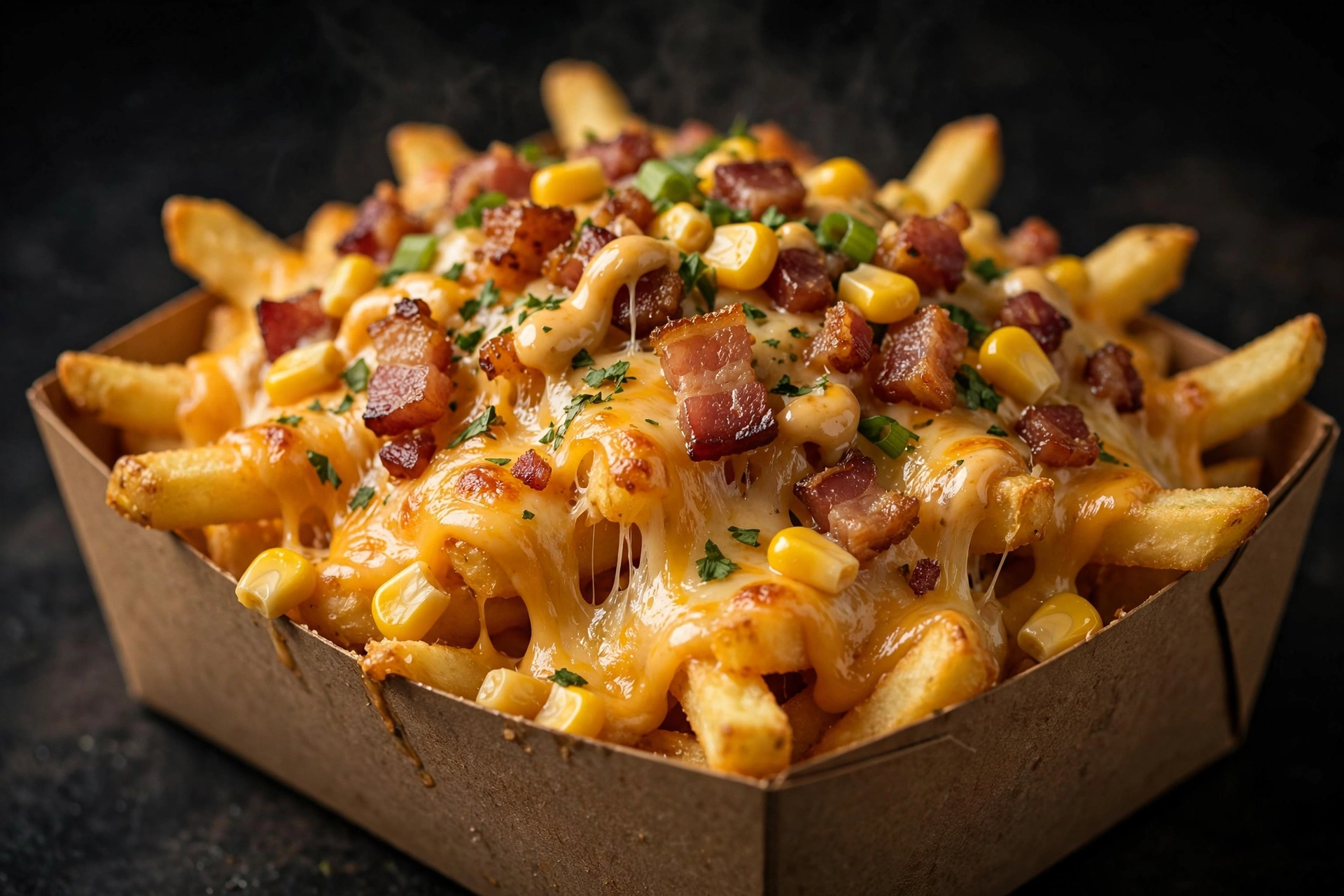Batata frita com cheddar, bacon e milho